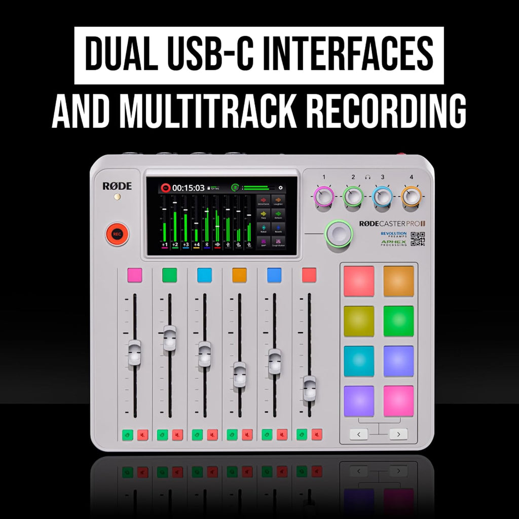 Rode RODECaster Pro 2 (White) Production Console with 4 PodMic Podcasting Microphones, PSA1+ Professional Boom Arms, Over-Ear Headphones, 32GB microSD Card, XLR Cables and StreamEye Cloth