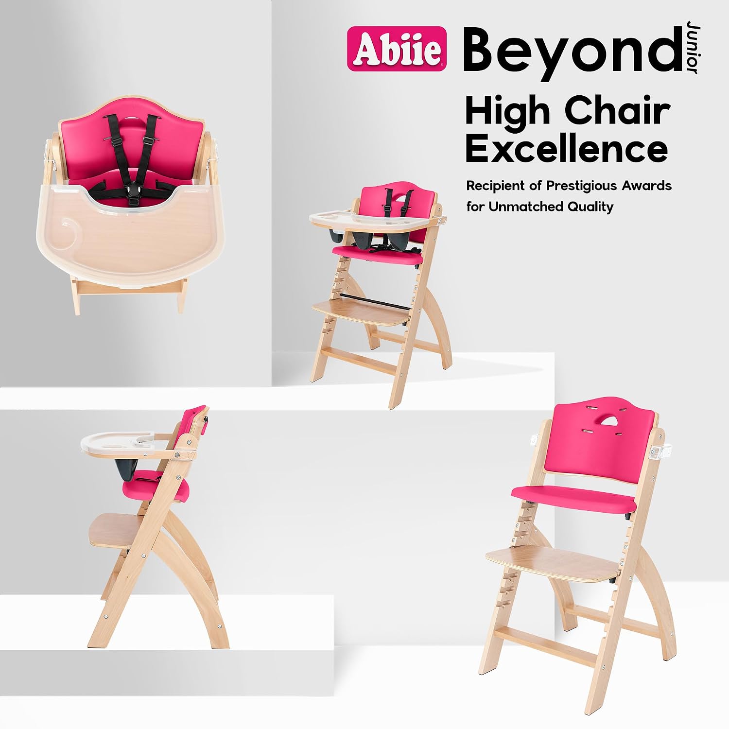 Abiie Beyond Junior Wooden High Chair for Babies and Toddlers - Convertible 3-in-1 Baby Highchair with Removable Tray - 6 Months to 250 Lb - Water Resistant - Natural Wood/Raspberry Cushion