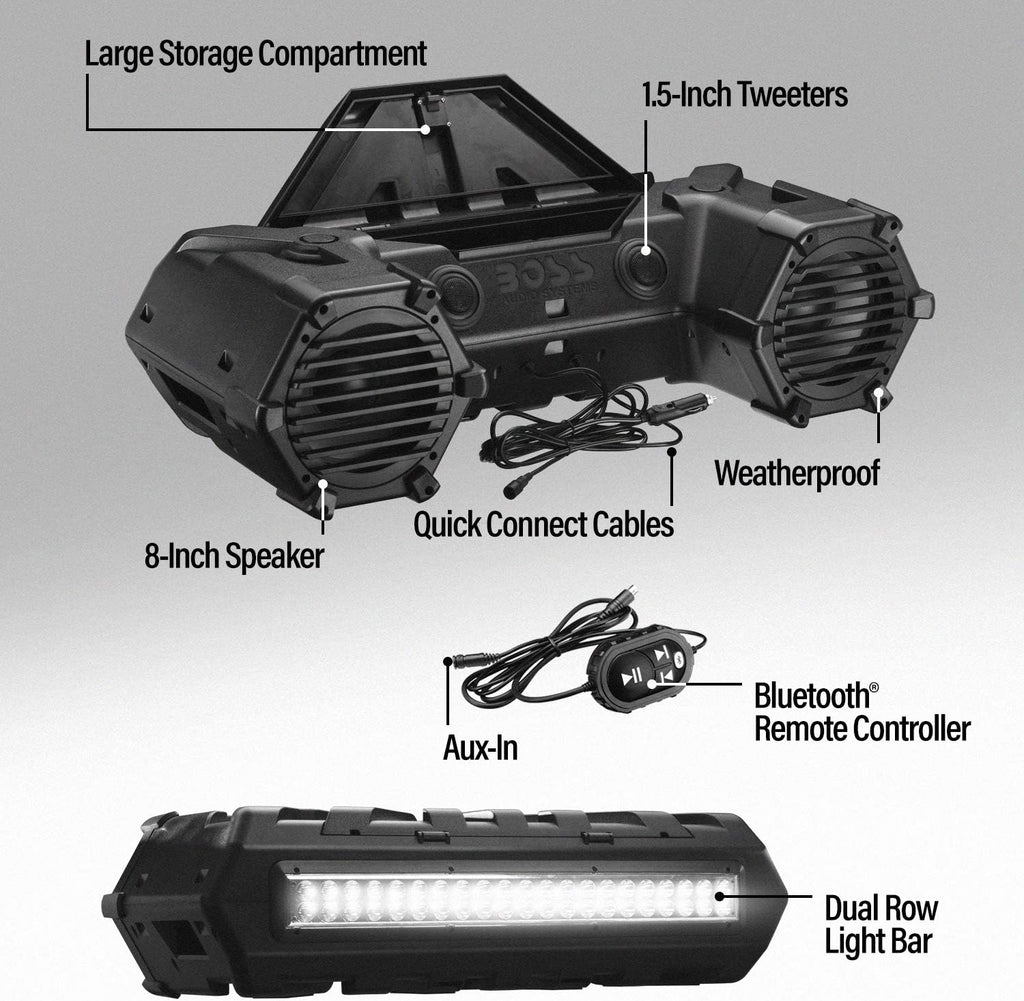 BOSS Audio Systems ATVB95LED ATV UTV Sound System - 8 Inch Full Range Stereo Speakers, 1.5 Inch Tweeters, IPX5 Weatherproof, Built-in Amplifier, Bluetooth Remote, Light Bar, Storage Compartment