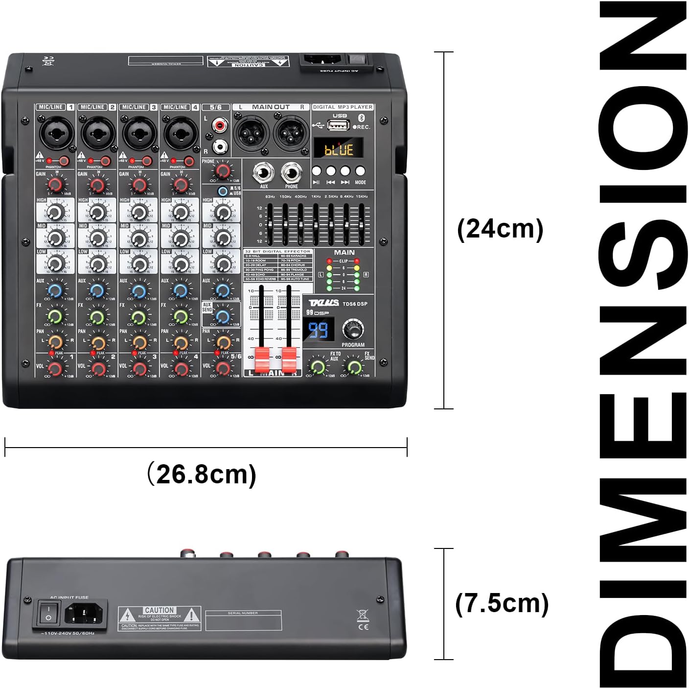 Audio Mixer, 6-Channel Professional DJ Mixer with 99-Bit DSP Effects, 7-Band EQ, 48V Phantom Power, MP3/Computer Input - Studio Audio Mixing Console for Recording & Live Performances
