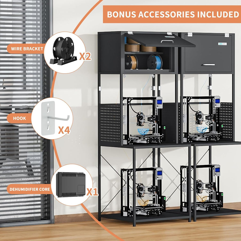 3D Printer Filament Storage Stand Rack with Dehumidifier| 3-Tier All-in-One Organizer with Tool Mounts, Dual Spool Holders | Compatible with Most 3D Printers (100LBlack)
