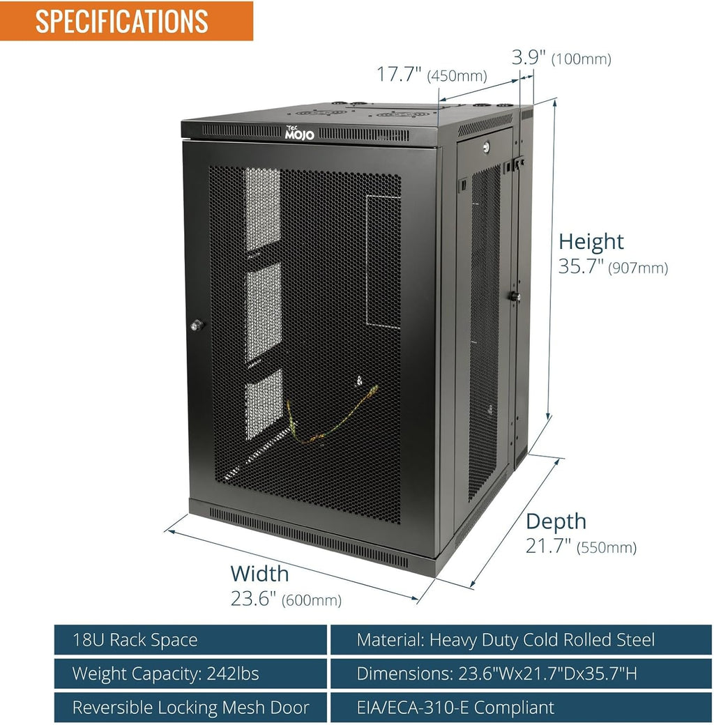 Tecmojo Fully Welded Server Cabinet, 18U Wall Mount Rack, 21.7inch Depth Network Rack, Mesh Door, Swing Out, Load Bearing 242lbs (110 kg), Network Cabinet for 19in Computer/AV/Data/IT Equipment