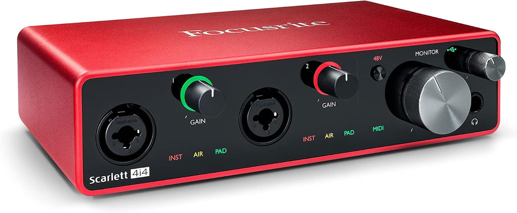 Focusrite Scarlett 4i4 4x4 USB Audio Interface Full Studio Recording Bundle with Condenser Microphone Pop Filter Mic Stand Studio Headphones XLR Cable and Music Production Software