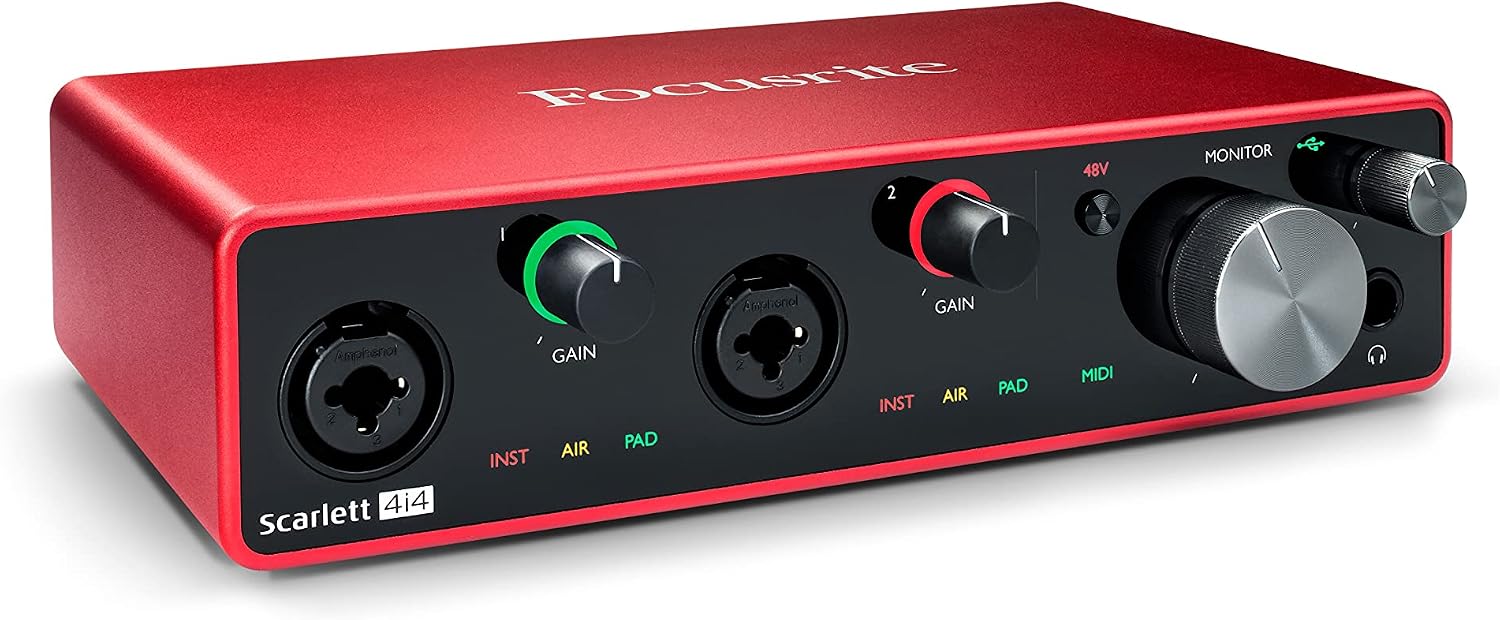 Focusrite Scarlett 4i4 4x4 USB Audio Interface Full Studio Recording Bundle with Condenser Microphone Pop Filter Mic Stand Studio Headphones XLR Cable and Music Production Software