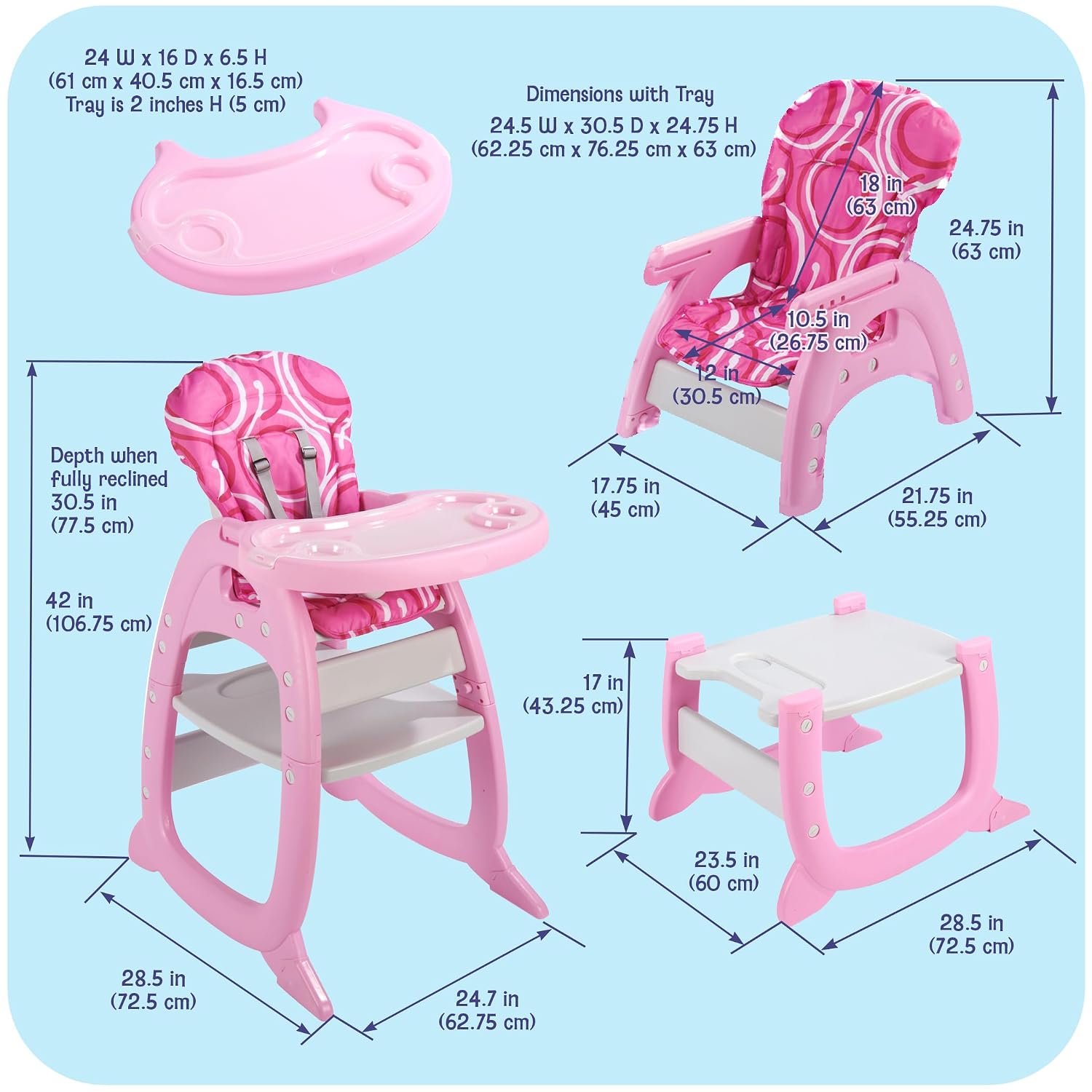 Badger Basket Envee II Convertible Baby High Chair – Infant Feeding Seat, Booster, and Toddler Desk with Tray and Cushion – Pink/White