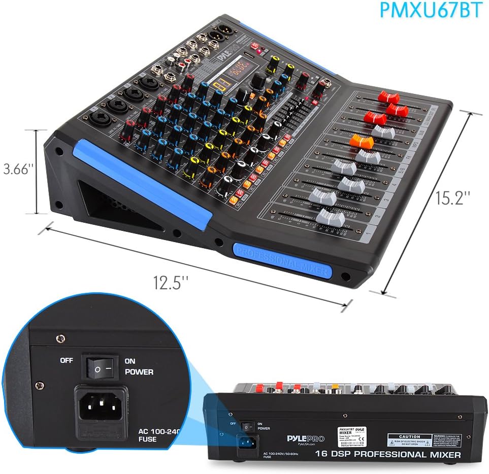 Pyle 6-Channel Console Style Audio Mixer with Bluetooth - DJ Sound Controller, 4 XLR / Combo Inputs, Sub Out, +48V Phantom, USB-A In, 16 DSP Effects, MP3 Player, 7-Band EQ - PMXU67BT