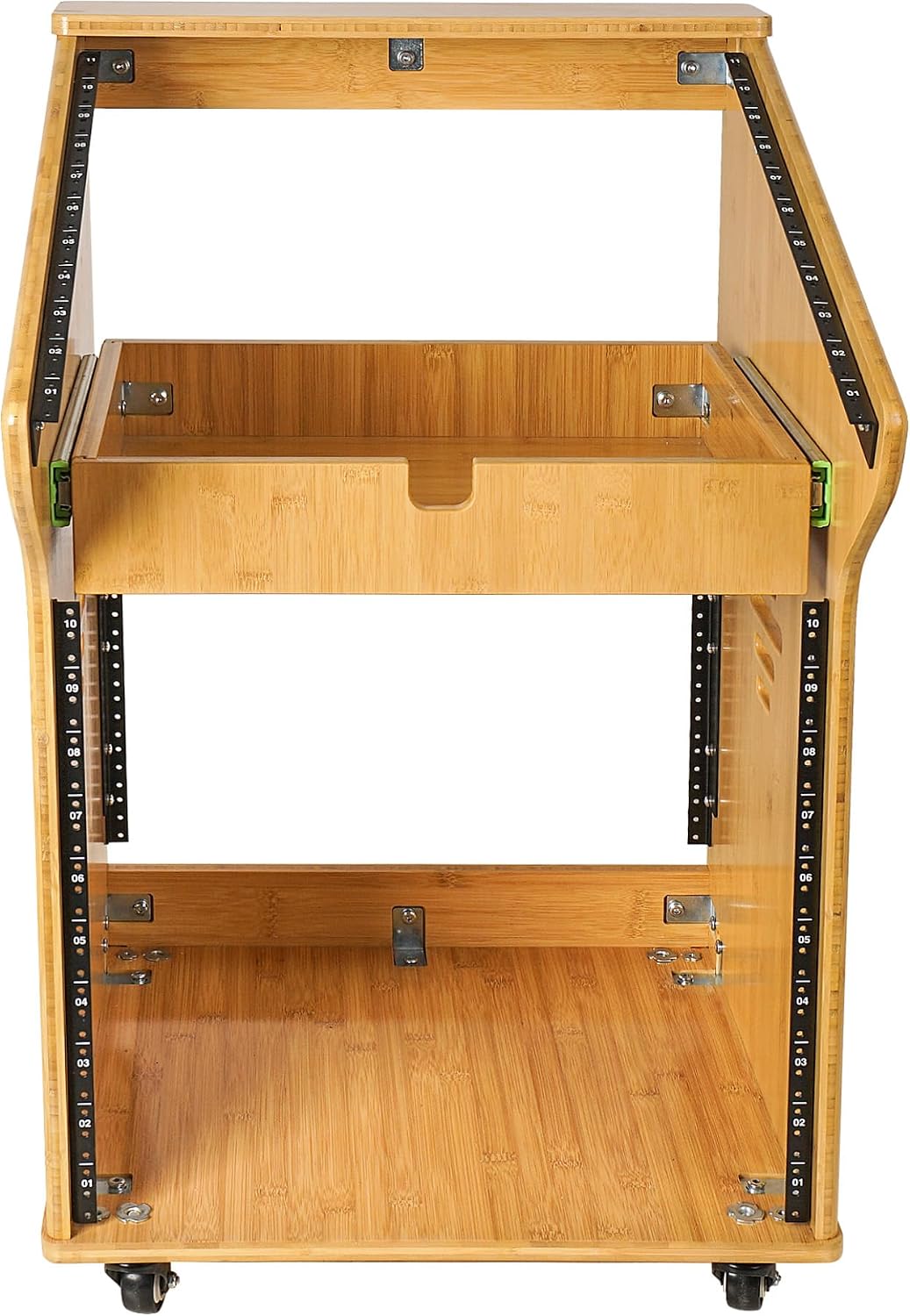 Sound Town DIY Solid Carbonized Bamboo Studio Rack with 11U Slant Mixer Top, 10U Front, 2U Drawer, Rubber Feet, Casters, for Recording Room, PA/DJ Equipment, Home-Audio (STBR-M11X10)