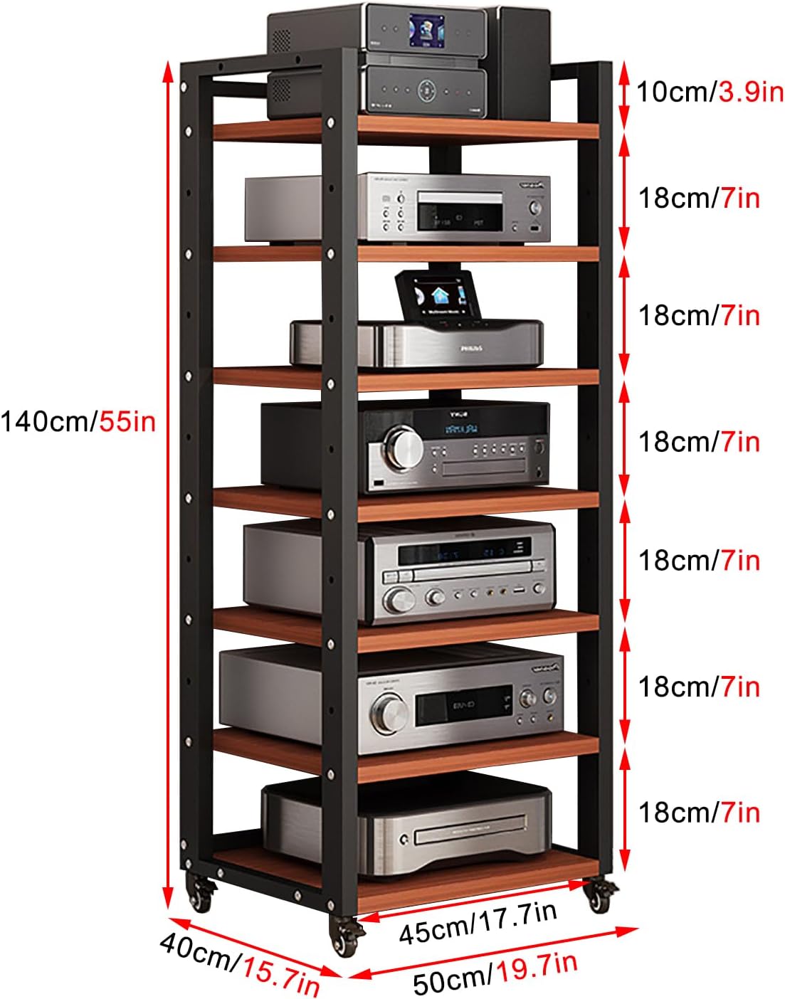 7-Tier Heavy Duty Audio Component Rack, 140cm Tall - HiFi Amplifier Rack/Audio-Video Shelving - CD Record Player Stereo Receiver AV Equipment Cabinet Display Stand (B)