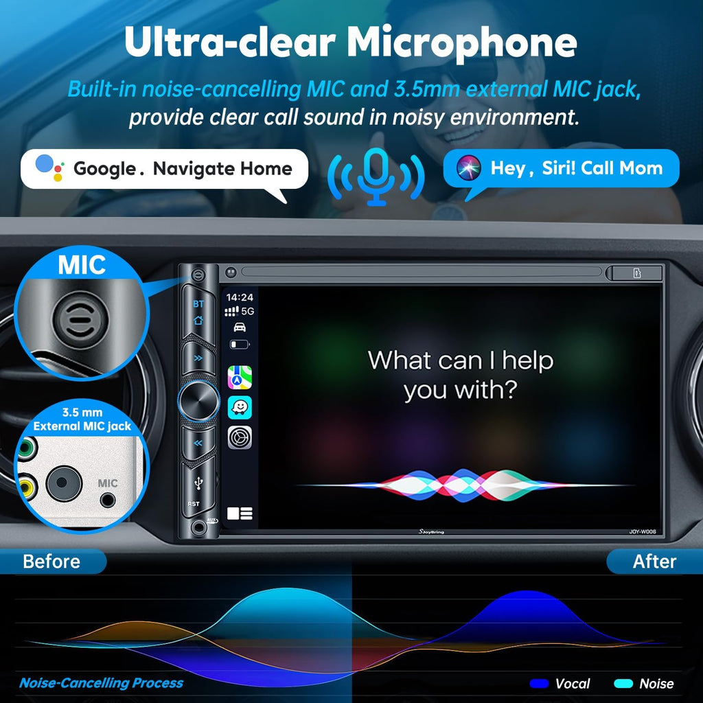 Upgrade Wireless Double Din Car Stereo with Carplay, Android Auto, Bluetooth, 4-Channel RCA, High Power, 2 Subwoofer Ports, 7' HD Capacitive Touchscreen Car Radio, Backup Camera, Audio Receiver