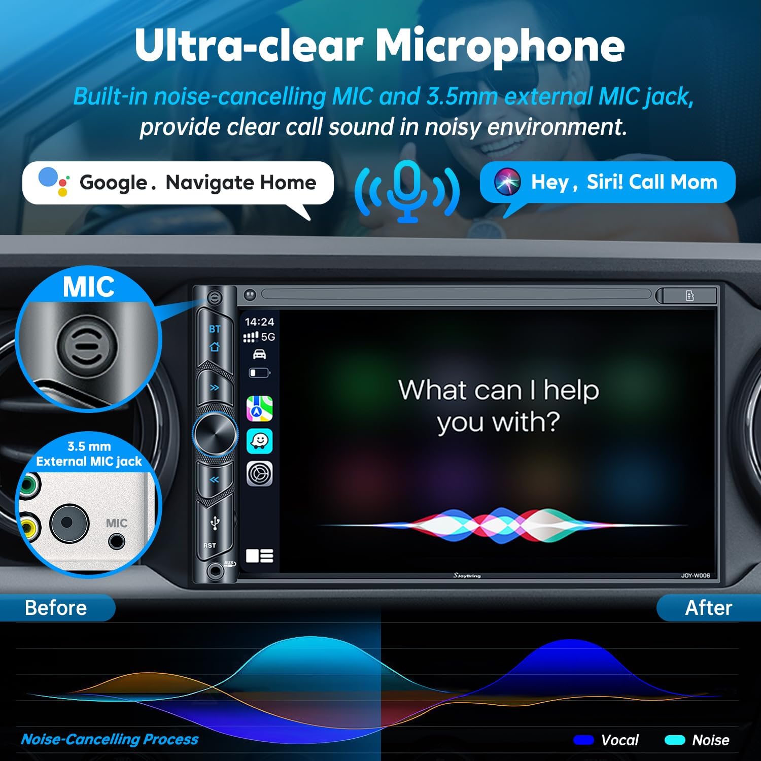 Upgrade Wireless Double Din Car Stereo with Carplay, Android Auto, Bluetooth, 4-Channel RCA, High Power, 2 Subwoofer Ports, 7' HD Capacitive Touchscreen Car Radio, Backup Camera, Audio Receiver