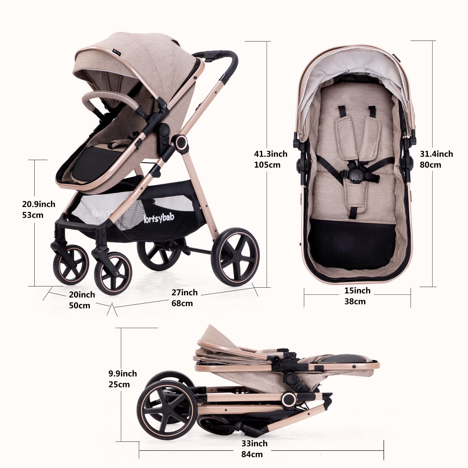 Lortsybab 2-in-1 Baby Stroller - Folding Infant Newborn Pram Stroller with Reversible Seat - Toddler Strollers for 0-36 Months Old Babies (Beige)