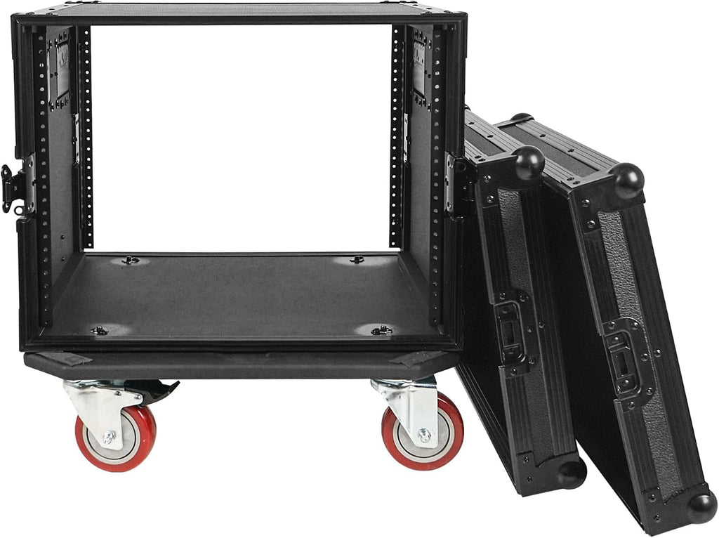 Sound Town Black Series 8U PA/DJ Rack/Road Case with 8-Space, All-Black Anodized Hardware, Plywood, Casters, and 21' Rackable Depth - Pro Tour Grade (STRC-B8UW)