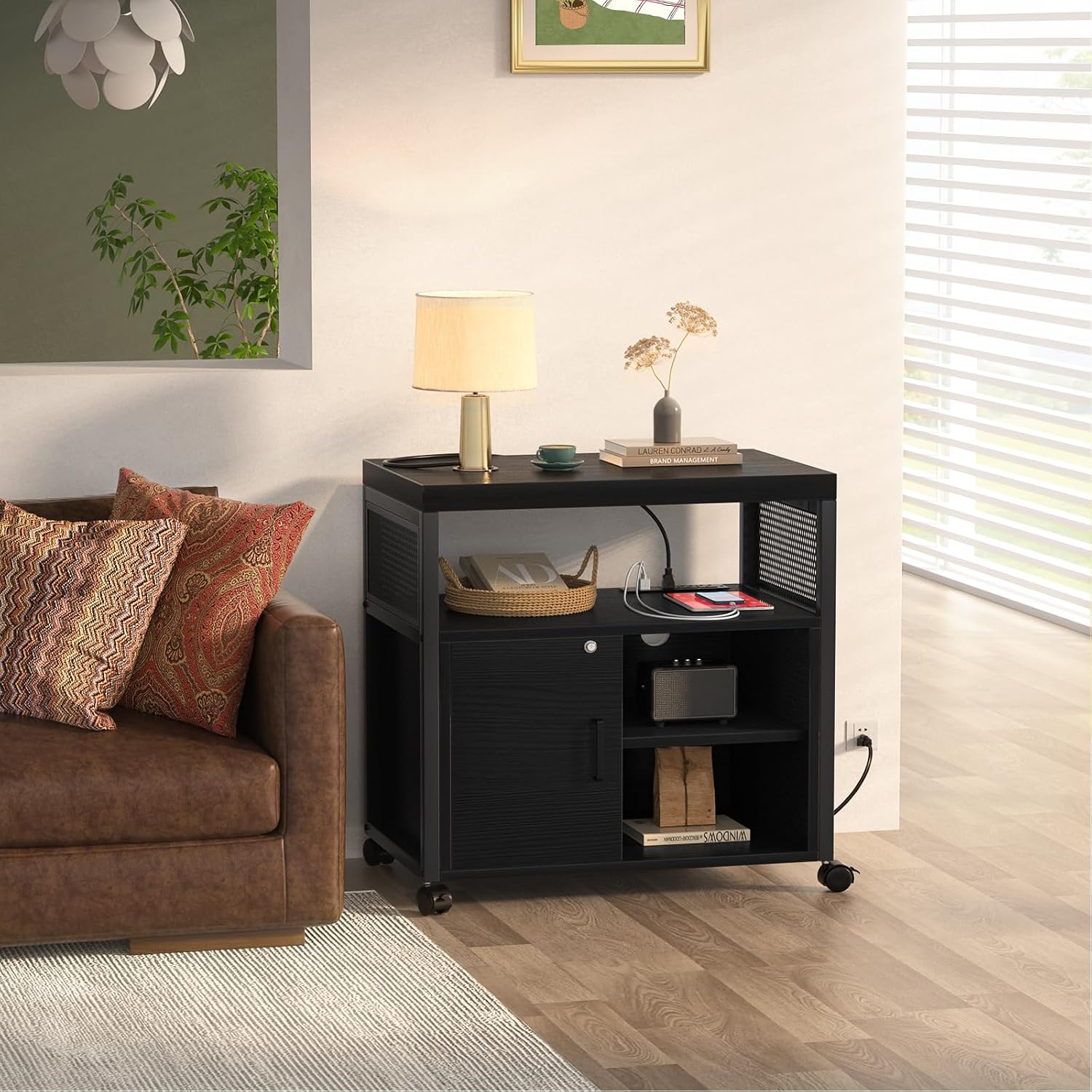 Unikito Lateral File Cabinet, Locking Office Printer Stand with Sockets and USB Charging Ports, Modern Rolling Printer Desk with Storage for A4, Letter Size and File Folders, Black