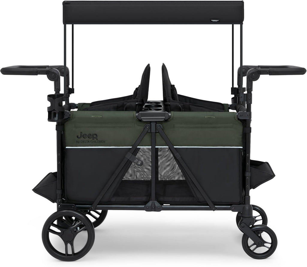 Jeep Aries Stroller Wagon by Delta Children Premium Wagon for 2 Kids with Convertible Seats, Adjustable Push/Pull Handles, Removable Canopy & Flat Fold - Greenguard Gold Certified, Black/Green