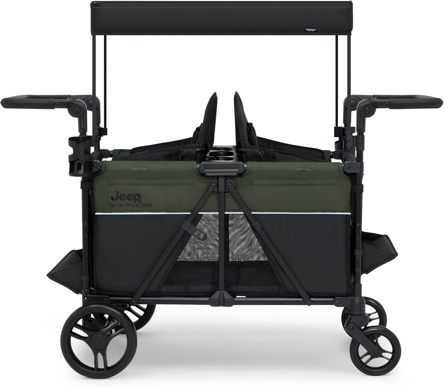 Jeep Aries Stroller Wagon by Delta Children Premium Wagon for 2 Kids with Convertible Seats, Adjustable Push/Pull Handles, Removable Canopy & Flat Fold - Greenguard Gold Certified, Black/Green
