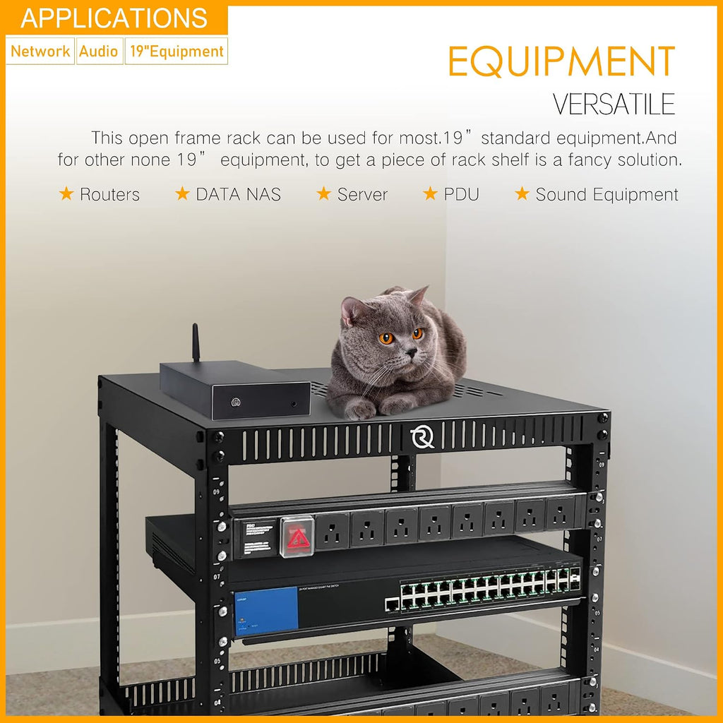 RIVECO 6U Network Rack with Reinforced Top & Bottom Vented Plates- 4 Rolling Wheels Floor Standing Rack for 19' Equipment & Stereo Gear- Including Basic Rail Mount PDU Power Strip