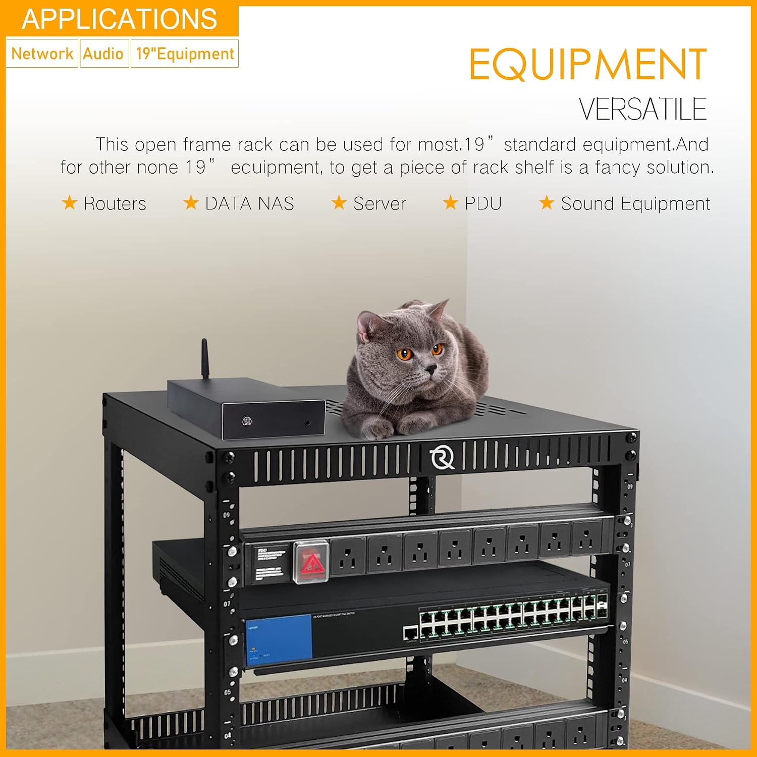 RIVECO 6U Network Rack with Reinforced Top & Bottom Vented Plates- 4 Rolling Wheels Floor Standing Rack for 19' Equipment & Stereo Gear- Including Basic Rail Mount PDU Power Strip