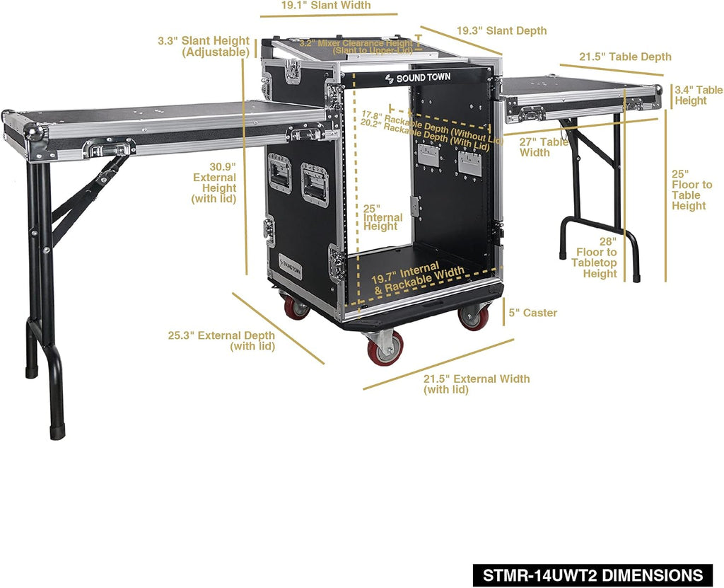 Sound Town Heavy-Duty 1/2' (12mm) Plywood 14U PA DJ Rack/Road ATA Case with 11U Slant Mixer Top, 20'' Rackable Depth, 2 DJ Work Tables and Casters, 14-Space Size, Pro Tour Grade (STMR-14UWT2)