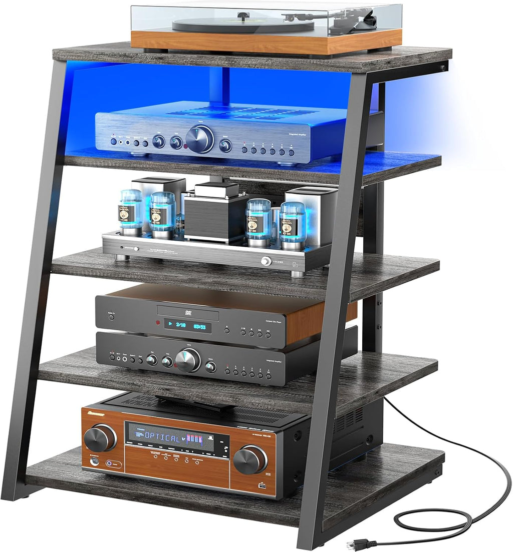 Armocity 5-Tier AV Media Stand with Power Strips, Media Console with LED Lights, Audio Tower Rack with Adjustable Shelves, Stereo Stands and Racks, 40.8'', Grey Oak