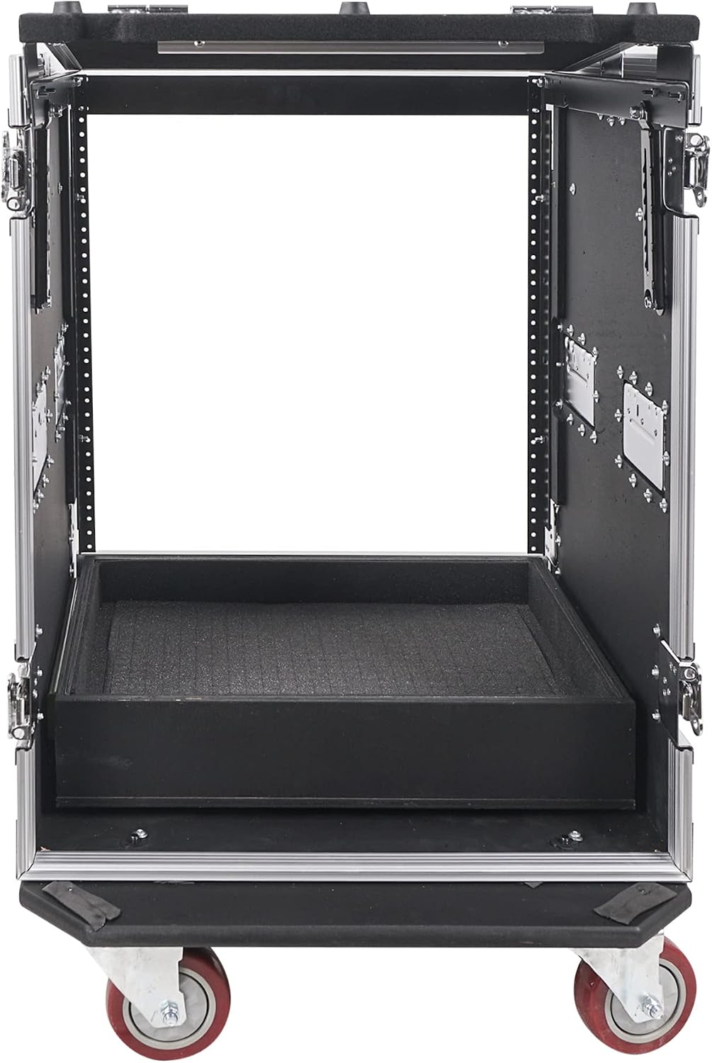 Sound Town 14U PA DJ Pro Audio Rack/Road ATA Case with 2U Drawer, 11U Slant Mixer Top, Two DJ Work Tables, Casters, Pro Tour Grade (MR-DR14UT2)
