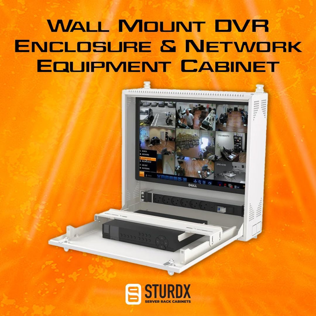 Wall-Mount DVR/NVR Security Enclosure, Lockable Steel Cabinet with 1U Adjustable Rail, Ventilated, 22″ W × 21.2″ H × 5.9″ D, Black (RAL 9005) – STURDX