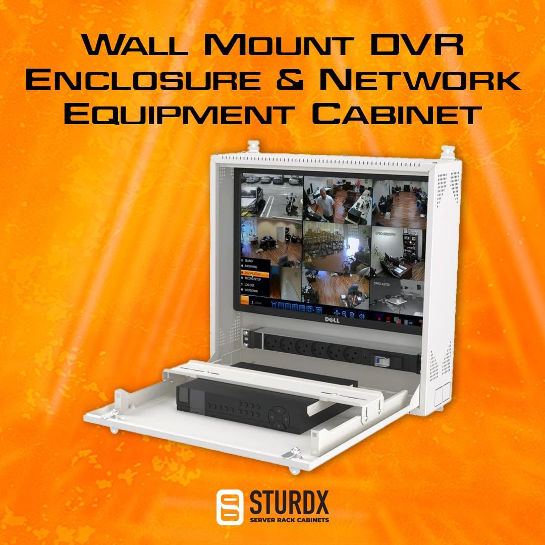 Wall-Mount DVR/NVR Security Enclosure, Lockable Steel Cabinet with 1U Adjustable Rail, Ventilated, 22″ W × 21.2″ H × 5.9″ D, Black (RAL 9005) – STURDX