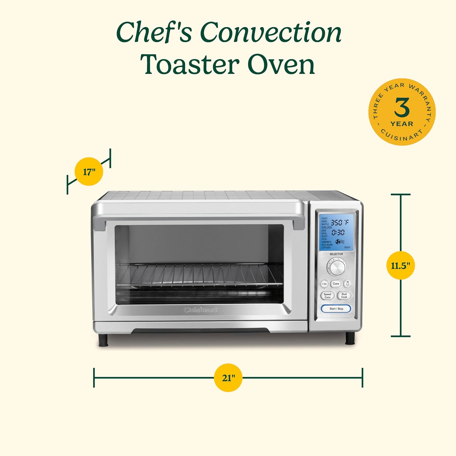 Cuisinart Chef's Convection Toaster Oven, 1800-Watt Electric Oven with 15 Cooking Functions, Fits 13' Pizza, 9'x13' Baking Pan, and Full-Size Chicken, Nonstick Interior, TOB-260N1NAS, Stainless Steel