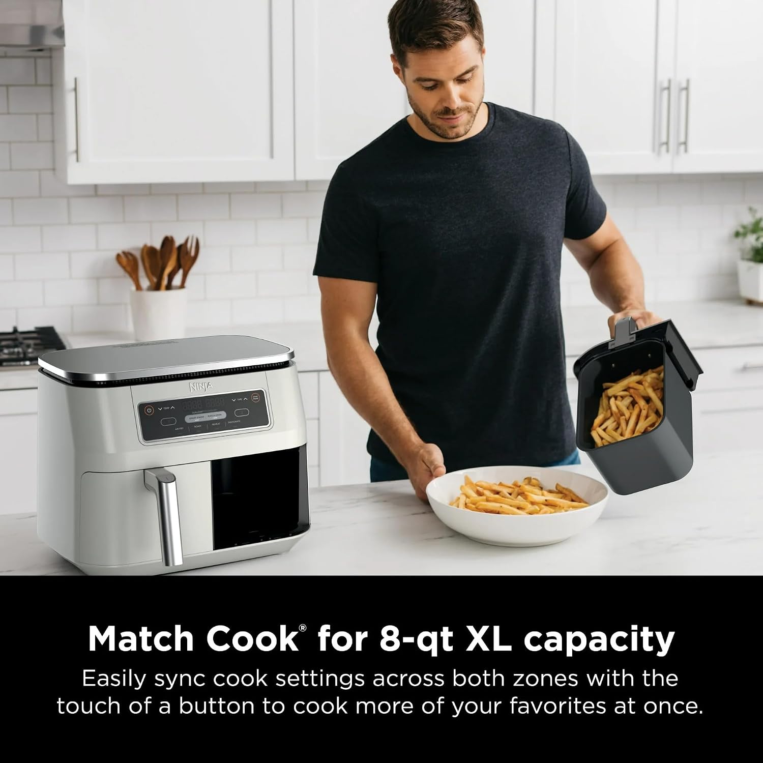 Ninja Foodi 4-in-1 8-qt. 2-Basket Air Fryer with DualZone Technology, 4 Functions, Smart Finish, Roast, Air Fry, Reheats, & Dehydrates, White, DZ100WH (Renewed)