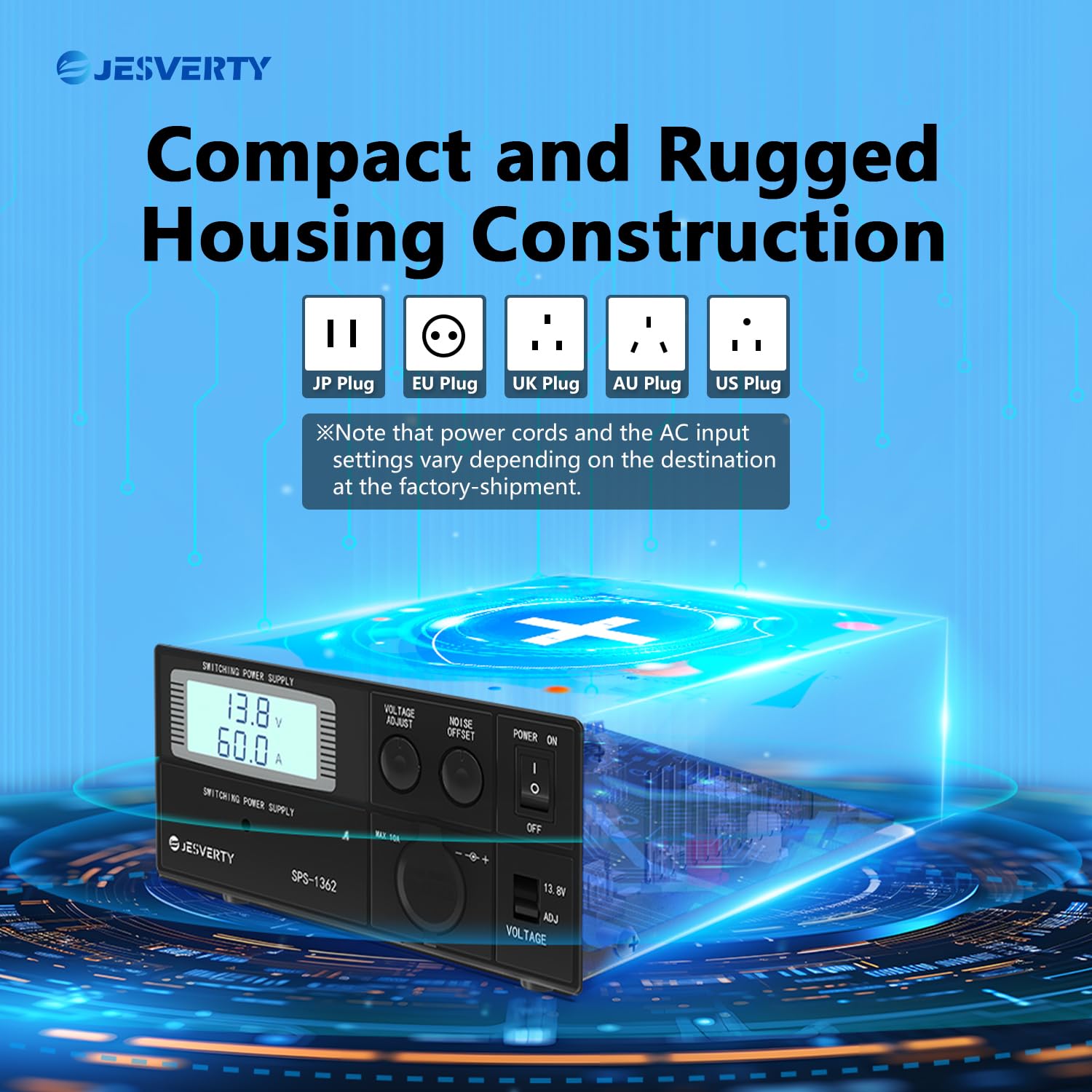 Universal Compact Bench Power Supply- 60 Amp Regulated Home Lab Benchtop AC-to-DC Converter 13.8Volt/9-15Volt, Cooling Fan, Screw Type Terminals - Jesverty SPS-1362