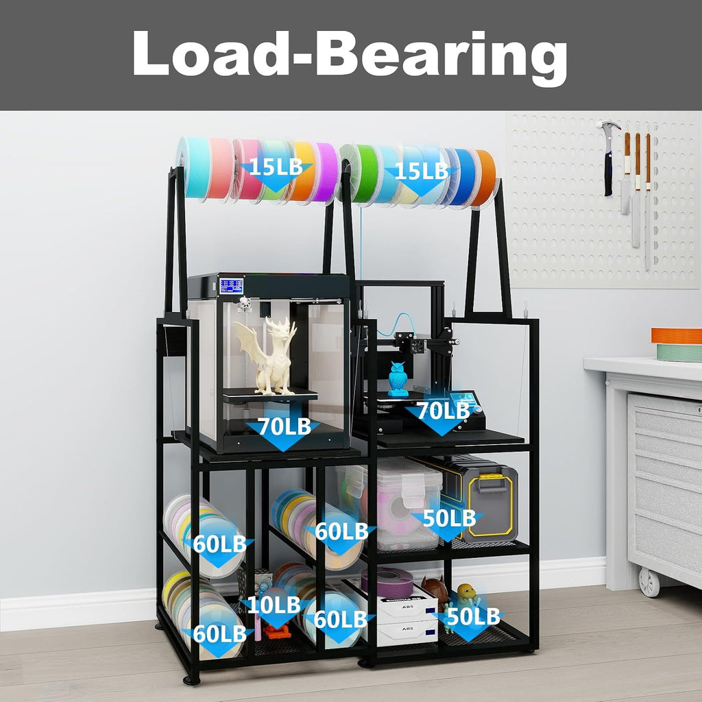 PUNCIA Dual-Row 3D Printer Stand with Filament Storage, Heavy-Duty Rack with Power Outlet - 3D Printer Table for FDM & SLA Printers, Space-Saving Desk and Cabinet with Shelves for Dual-Printer Setup