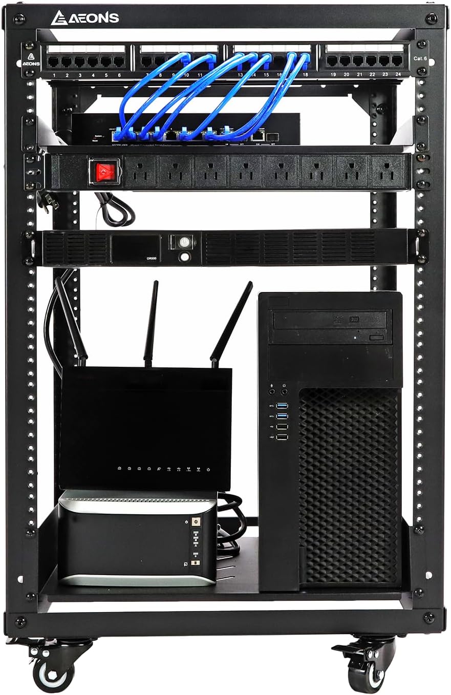 AEONS 15U Open Frame Network Server Rack 19-inch 4 Post AV Rack with Casters for Floor Standing and Wall Mount, Side Load for Extra Depth– Complete Kit with 1U and 2U Vented Shelves, Black