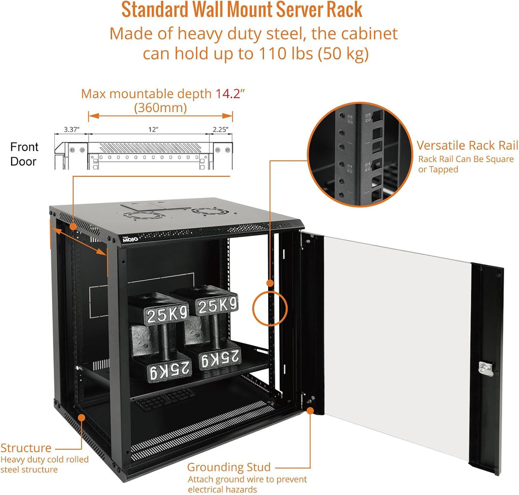 Tecmojo 12U Wall Mount Server Cabinet IT Network Rack Enclosure Lockable Door and Side Panels Black,Cooling Fan,Glass Door,17.7inch Depth,for 19' IT Equipment,A/V Devices