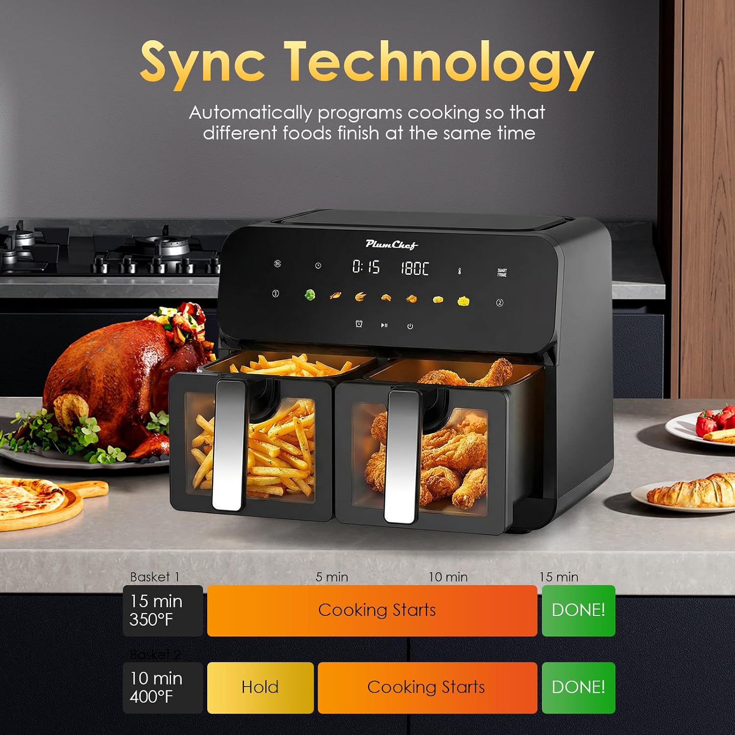 10QT Dual Air Fryer, Double Basket Air Fryer with 2×5QT Baskets, Digital Touchscreen Control, Easy-View Window, SyncCook Function, Cook 2 Dishes at Once for Family of 4-6, 1700W,Black