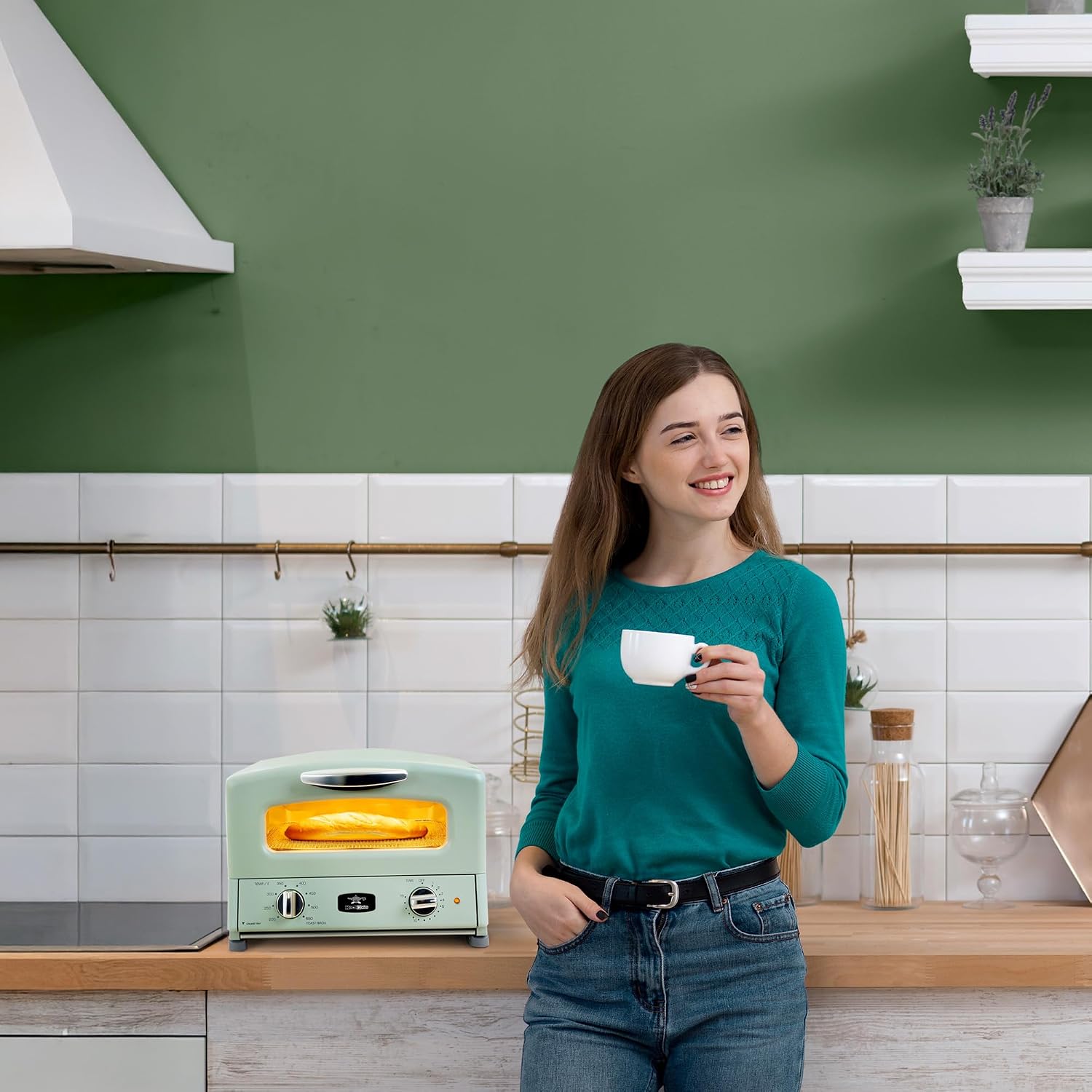 HeatMate Graphite Heating Technology Pop-Up Toaster w/7 Heat Settings, 3 Toasting Functions & Unique Bagel Mode, Olive Green