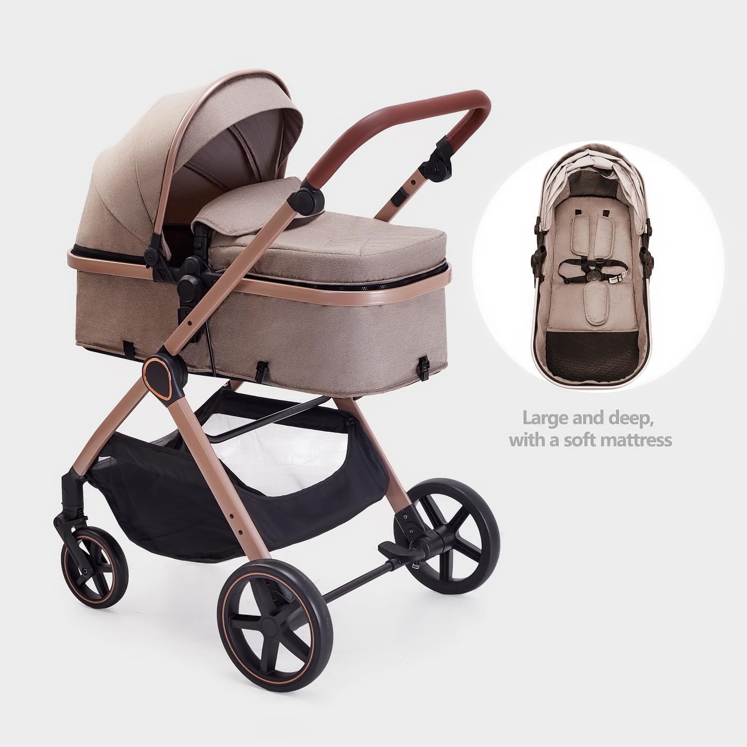 Lortsybab 2 in 1 Baby Stroller, Newborn Infant Toddler Convertible Pram Stroller for 0-36 Months Old Babies (Beige)