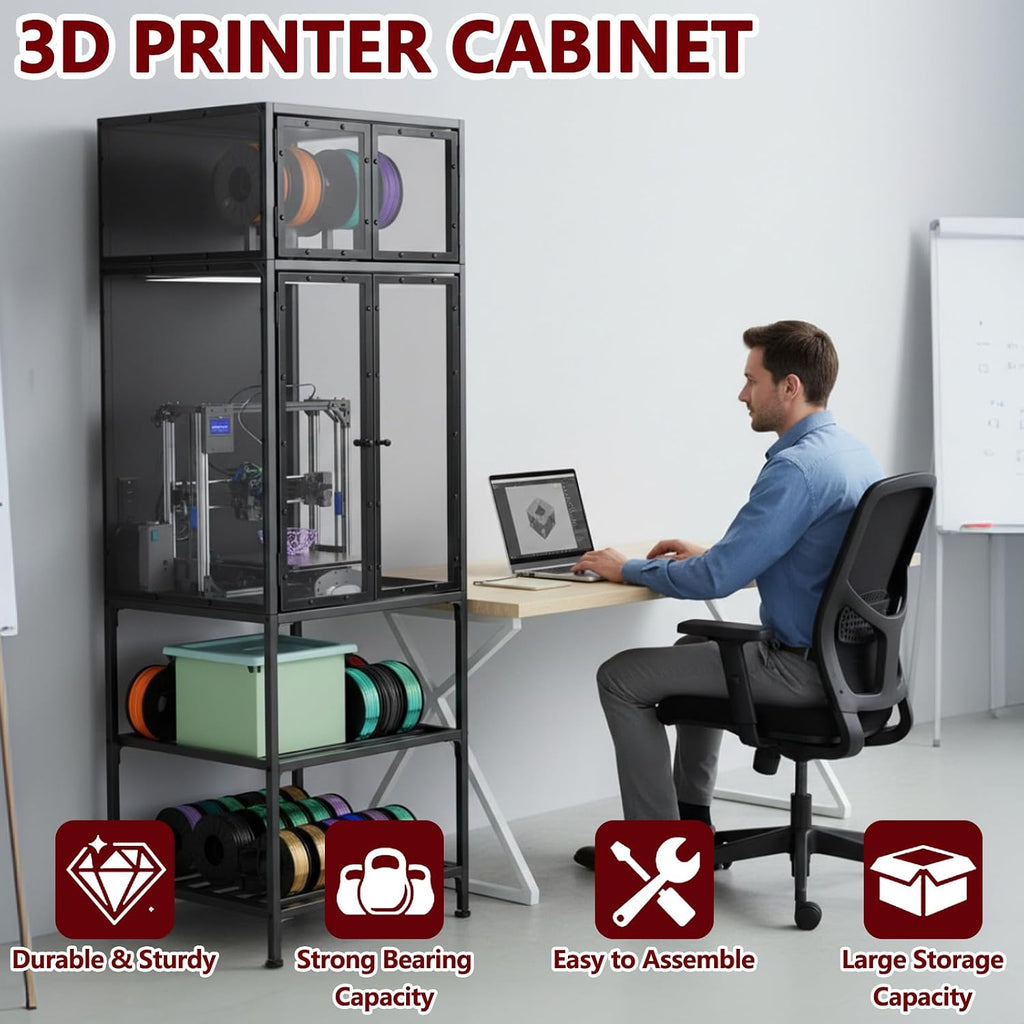 Majnesvon 3D Printer Cabinet, Double Layer 3D Printer Stand Filament Storage Rack with T Shaped Bar, Noise Reducing & Dust Proof Enclosure for Home, Studio and Office