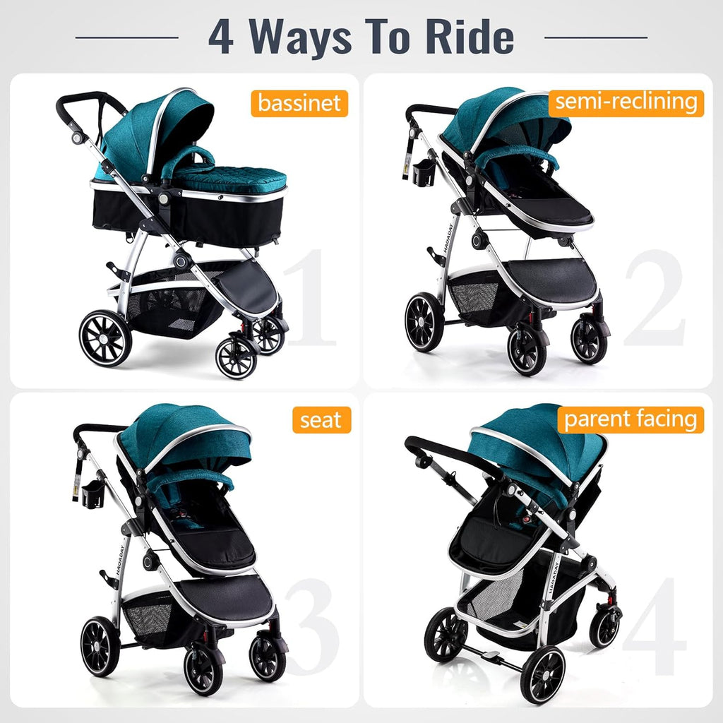Hagaday Baby Stroller, 2-in-1 Reversible Toddler Seat with Bassinet Mode, Foldable Infant Stroller with Canopy, One Button Brake, Adjustable Handle, Newborn Pushchair(Blue)