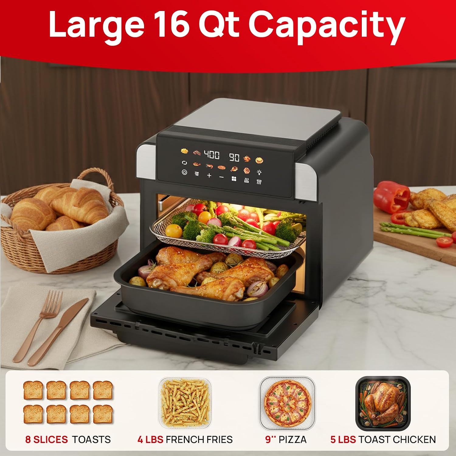 16 Qt Air Fryer Toaster Oven Combo with PFAS-Free Ceramic Coating and Viewing Window, XL 9-In-1 Convection Oven, Top 1700W Bottom 1500W, 180°F-400°F, Bake Dehydrate, Nonstick Tray, Black