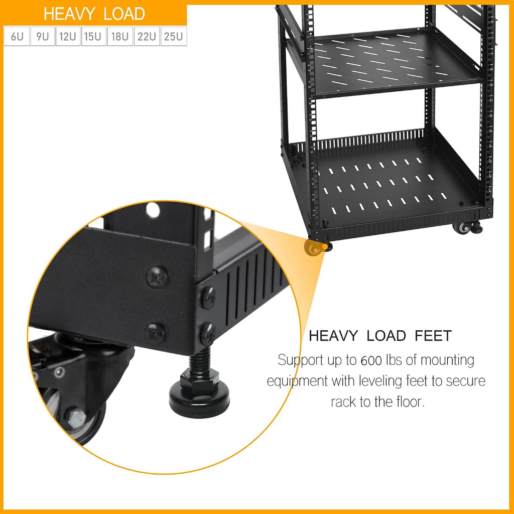 RIVECO OFCO 18U Network Rack with Reinforced Top & Bottom Vented Plates - 4 Rolling Wheels Floor Standing Rack for 19' Equipment & Stereo Gear - Including 1PCS Rack Shelf & Rail Mount PDU