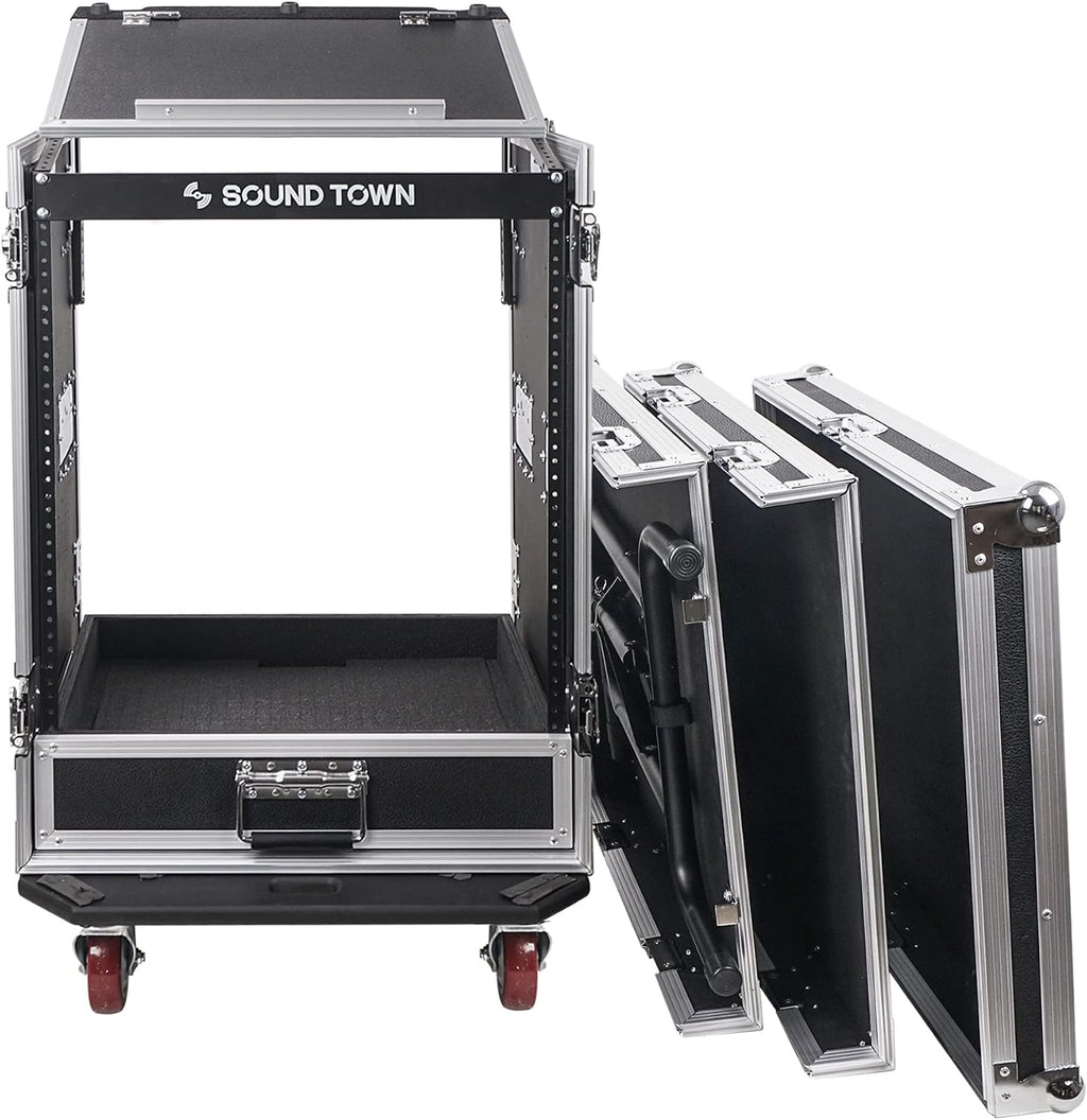 Sound Town 14U PA DJ Pro Audio Rack/Road ATA Case with 2U Drawer, 11U Slant Mixer Top, DJ Work Table, Casters, Pro Tour Grade (MR-DR14UT)