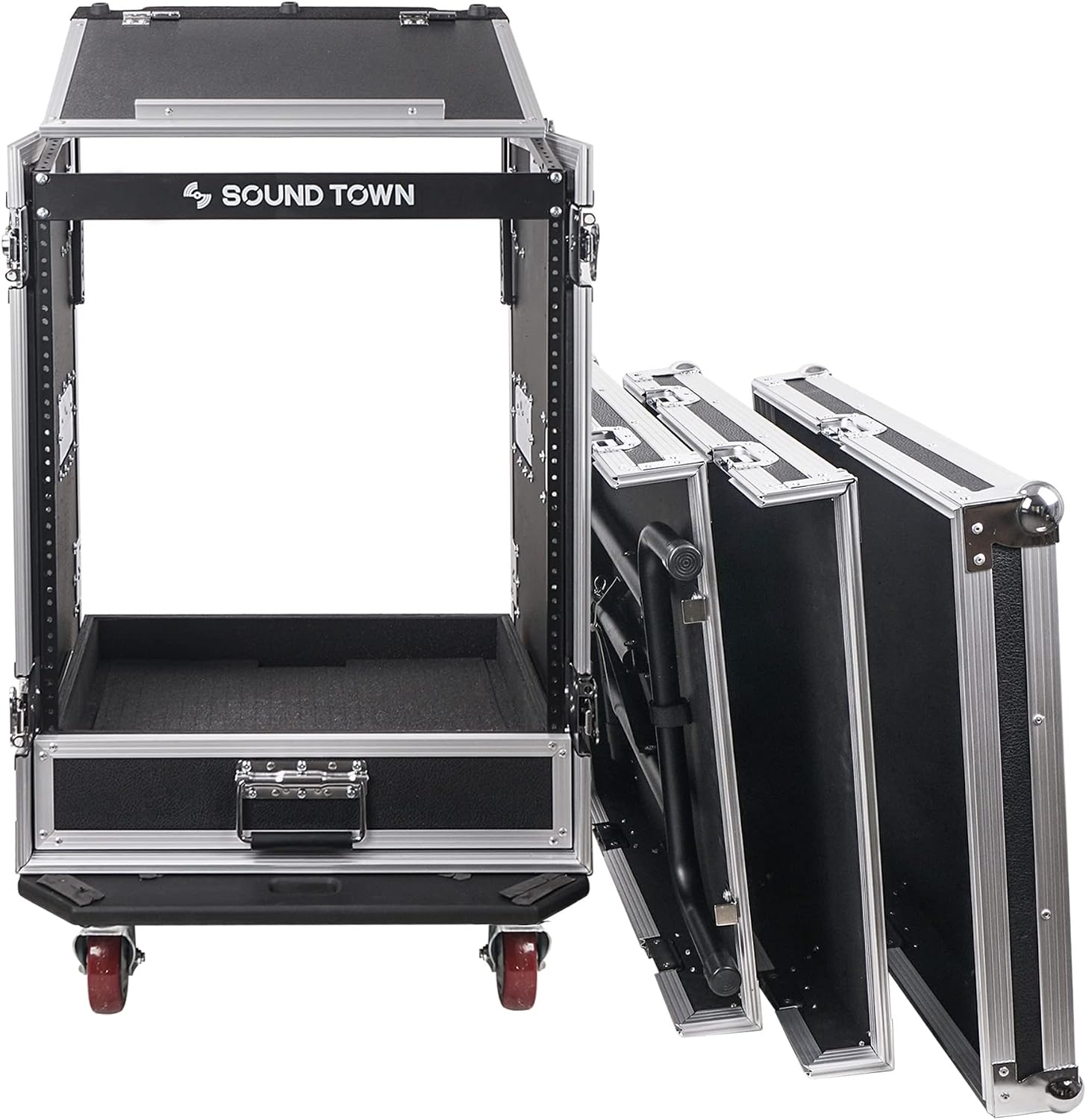 Sound Town 14U PA DJ Pro Audio Rack/Road ATA Case with 2U Drawer, 11U Slant Mixer Top, DJ Work Table, Casters, Pro Tour Grade (MR-DR14UT)