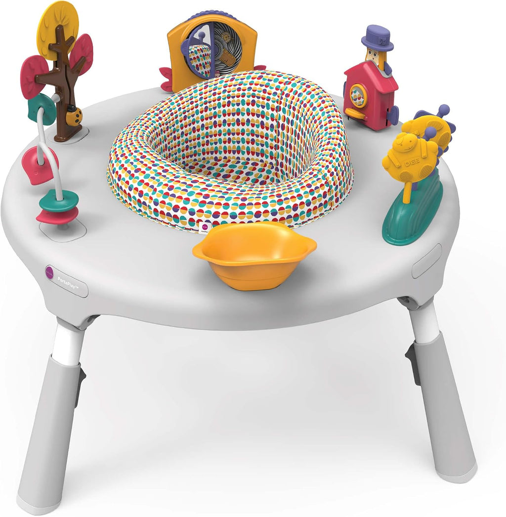 ORIBEL PortaPlay Convertible 3-in-1 Baby Activity Center & Play Table | Patented Bouncy Seat | Stable Foot Support | 5 Months+ | Development Focused Toys (Wonderland Adventure, Grey)