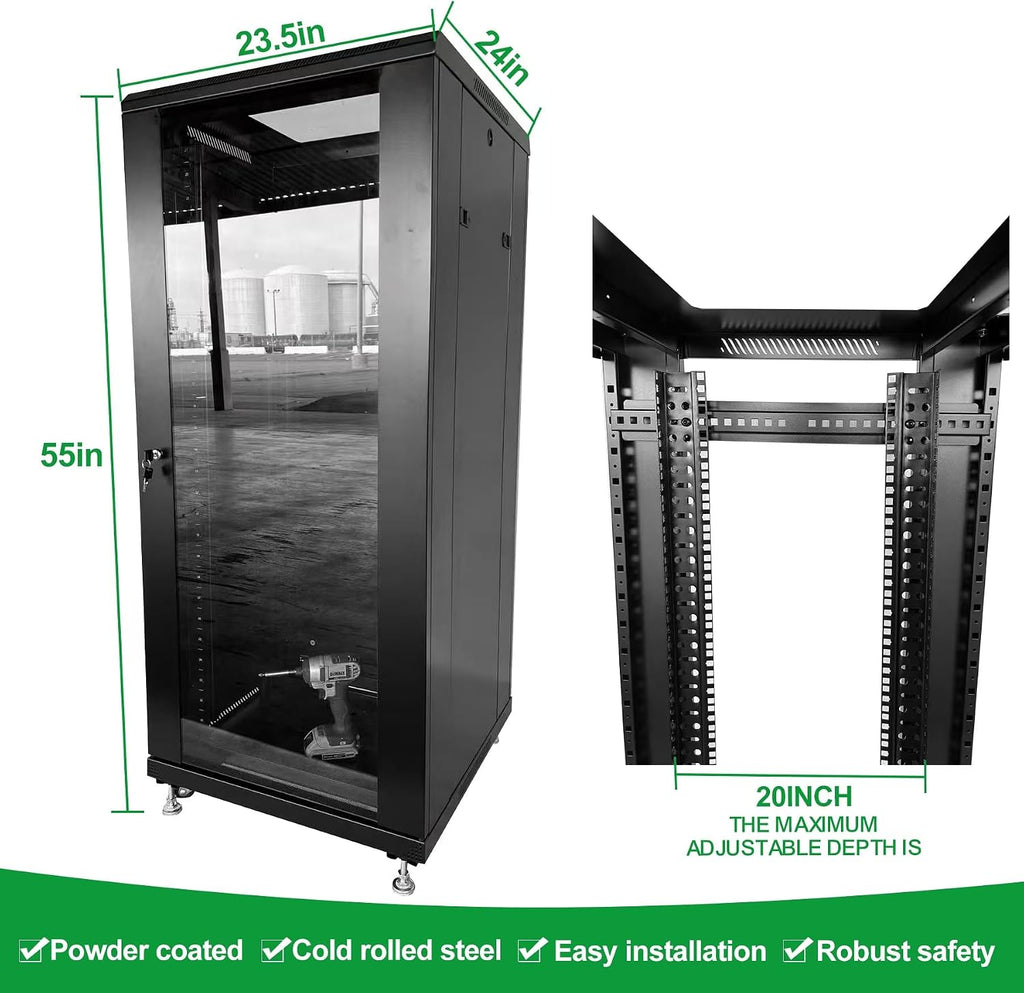 27U Server Cabinet Rack Enclosure,with Caster Wheels 2 Server Temperature Fans Locking Glass Door Removable Side Panels 27U Network Cabinet 22' Installation Depth,Standard 19' Equipment