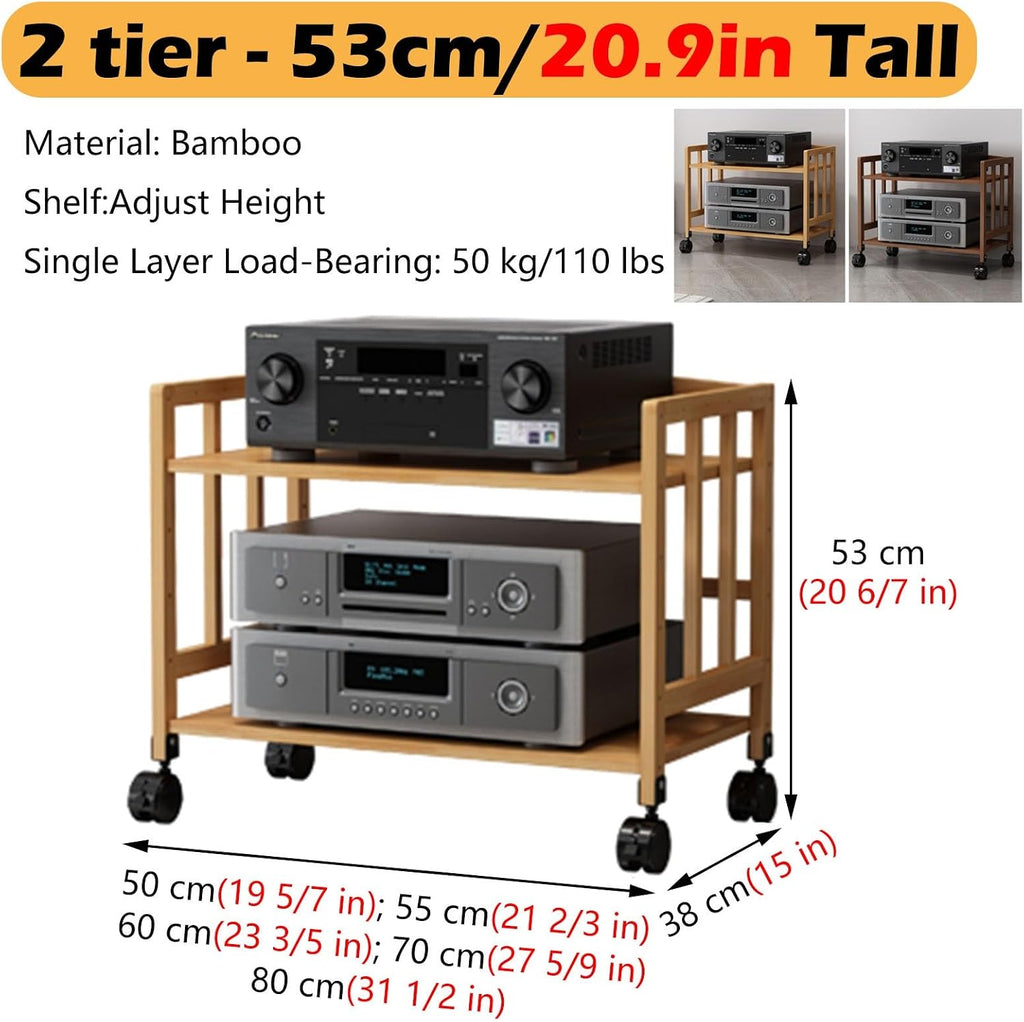 19 Inch Audio Rack Wood, 2 Tier Rolling Stereo Stand Cabinet with Height Adjustable Shelf, Heavy Duty AV Media Holder for Storage DVD Players/Game Console/TV Box(Natural,W 50 cm(19 5/7 in))