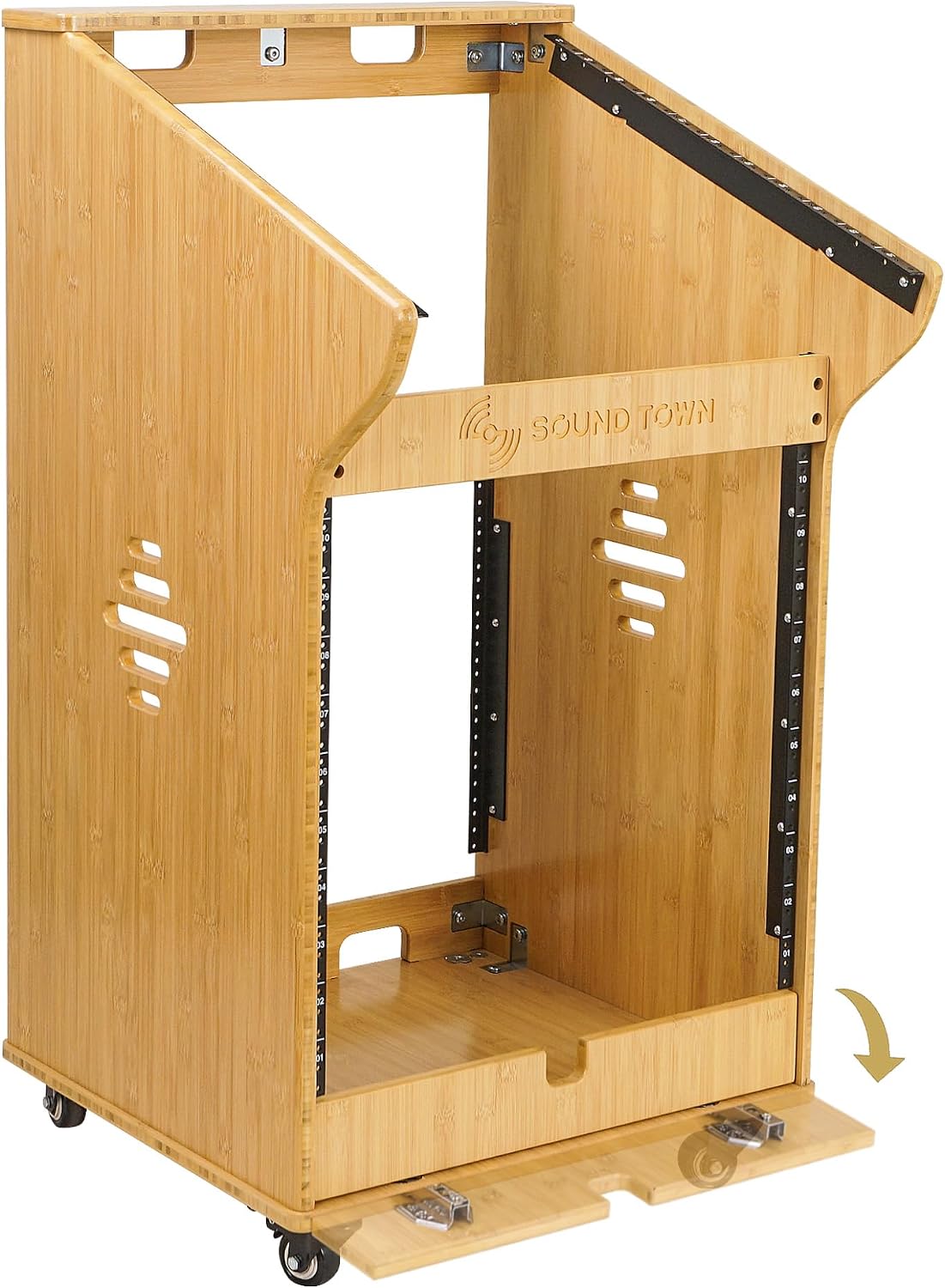 Sound Town DIY Solid Carbonized Bamboo Studio Rack with 11U Slant Mixer Top, 10U Front Rack, 2U Bottom Storage, Casters, Rubber Feet, for Recording Room, PA/DJ Equipment, Home-Audio (STBR-M11X12)