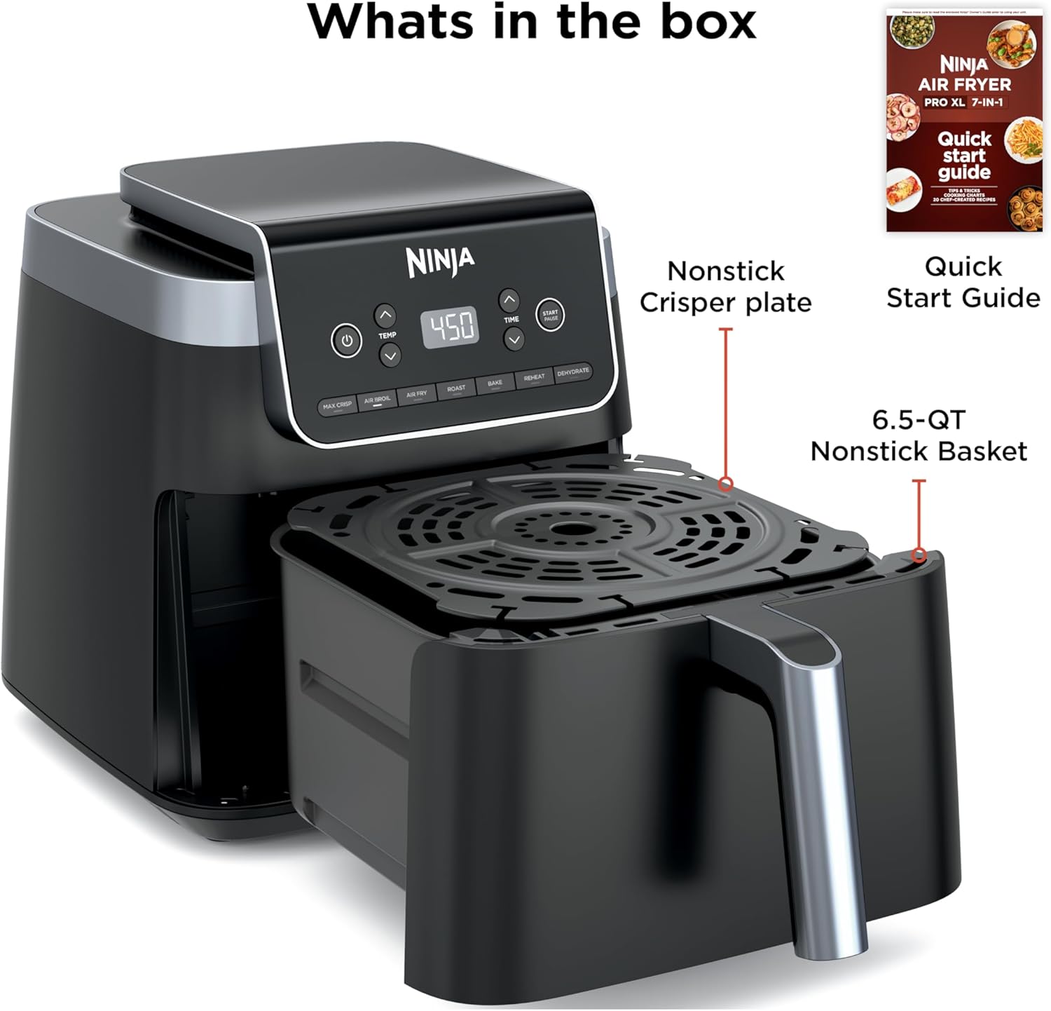Ninja | Air Fryer Pro XL | 6.5QT Capacity fits up to 9lbs of Wings| 7-in-1 Max Crisp, Broil, Air Fry, Roast, Bake, Reheat & Dehydrate | Dishwasher Safe Parts | Space Saving | Grey | AF182AMZ