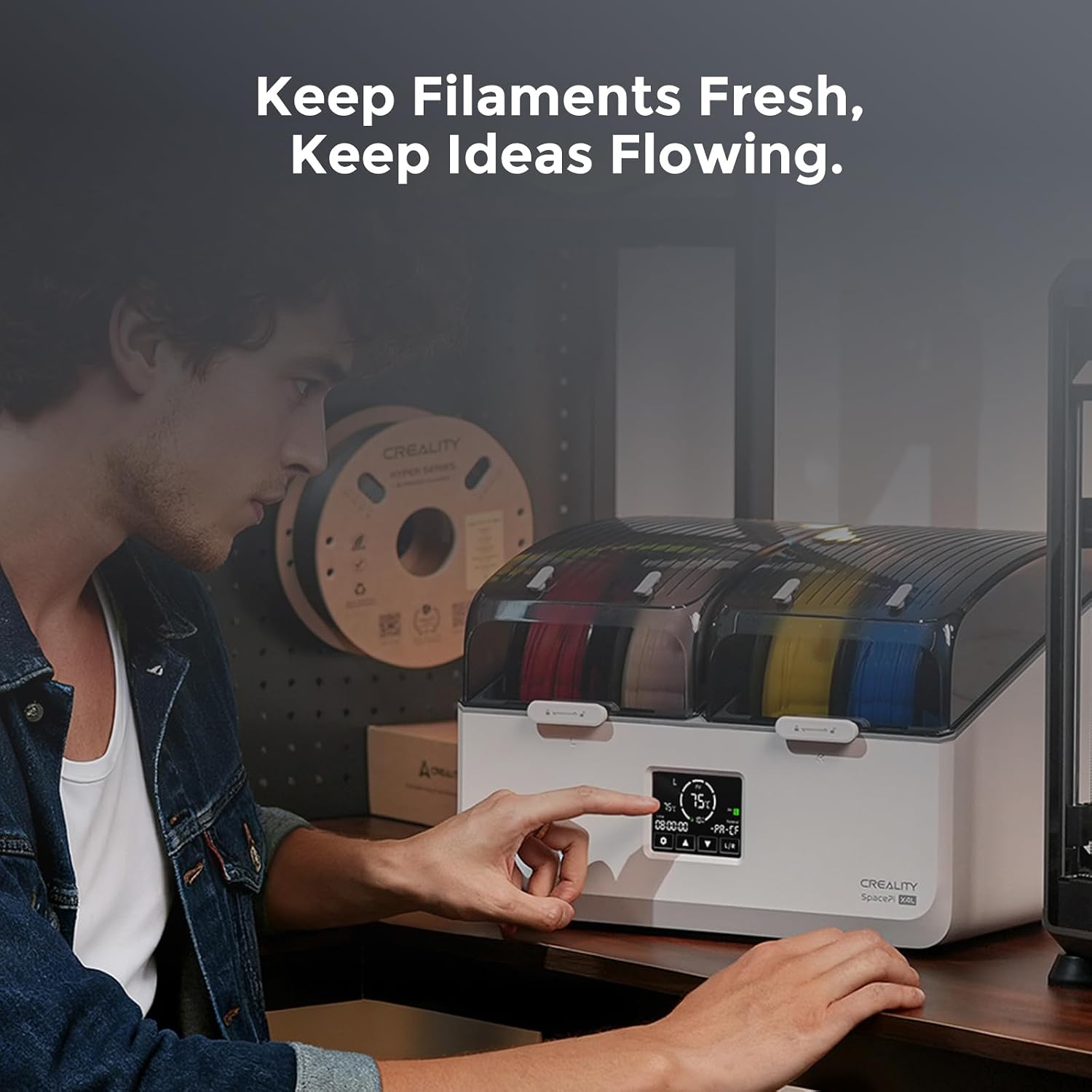 Creality Filament Dryer Box 4 Spools, Space Pi X4L Filament Storage Box, 200W PTC Heats Up to 75°C, Fast Drying Dual Heating Chambers, Moisture-Free Storage, for PLA, PETG, TPU, ABS