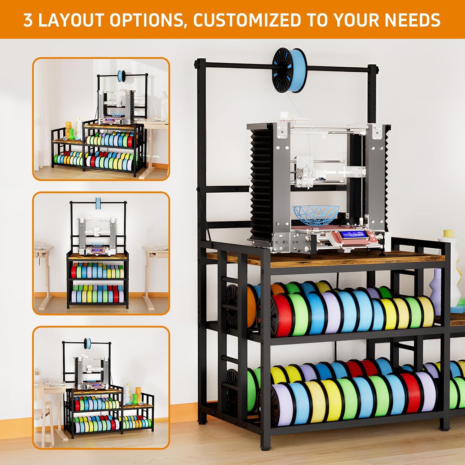 3D Printer Table with Filament Storage 3D Printer Stand with Power Outlet,Heavy Duty 3D Printer Desk for ABS, PLA, TPU Filament Spools, Home Offices and Studios Retro Brown