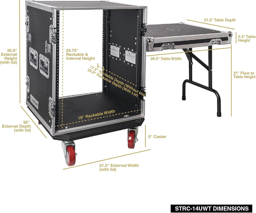 Sound Town PA DJ Combo with Heavy-Duty 1/2' (12mm) Plywood 14U Rack/Road ATA Case w/DJ Work Table, One 10 Outlet AC Power Conditioner/Sequencer (STRC-14TPSA28)