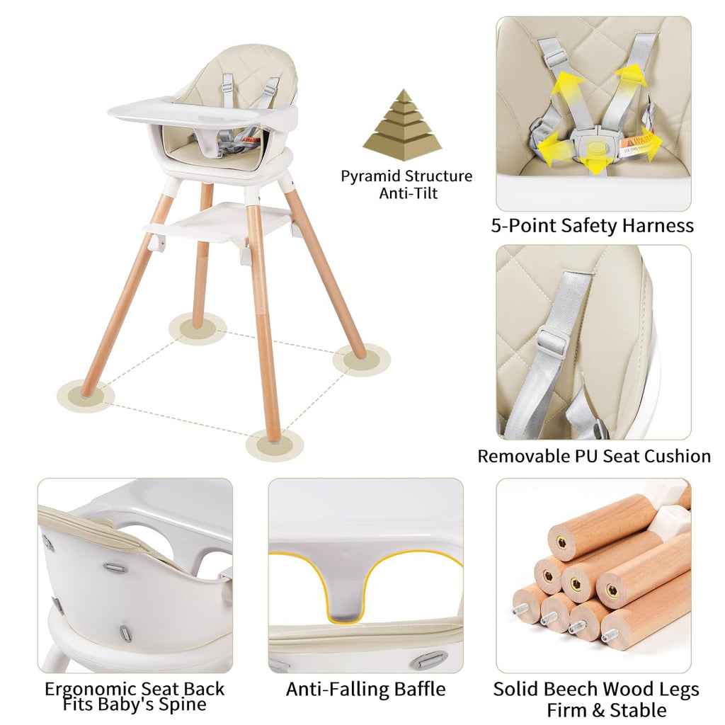 6 in 1 Baby High Chair, Convertible Wooden High Chairs/Booster Seat for Babies and Toddlers, Baby Feeding Chair with 5-Point Harness/Double Removable Tray & Adjustable Footrest (Beige)